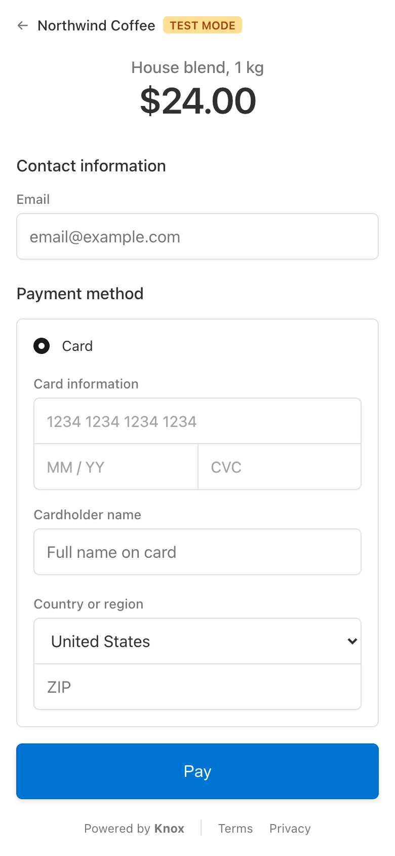 Knox Checkout on a phone: the merchant name with a Test mode badge, the order total, an email field, and card fields for number, expiry, CVC, cardholder name, country and ZIP above a Pay button.